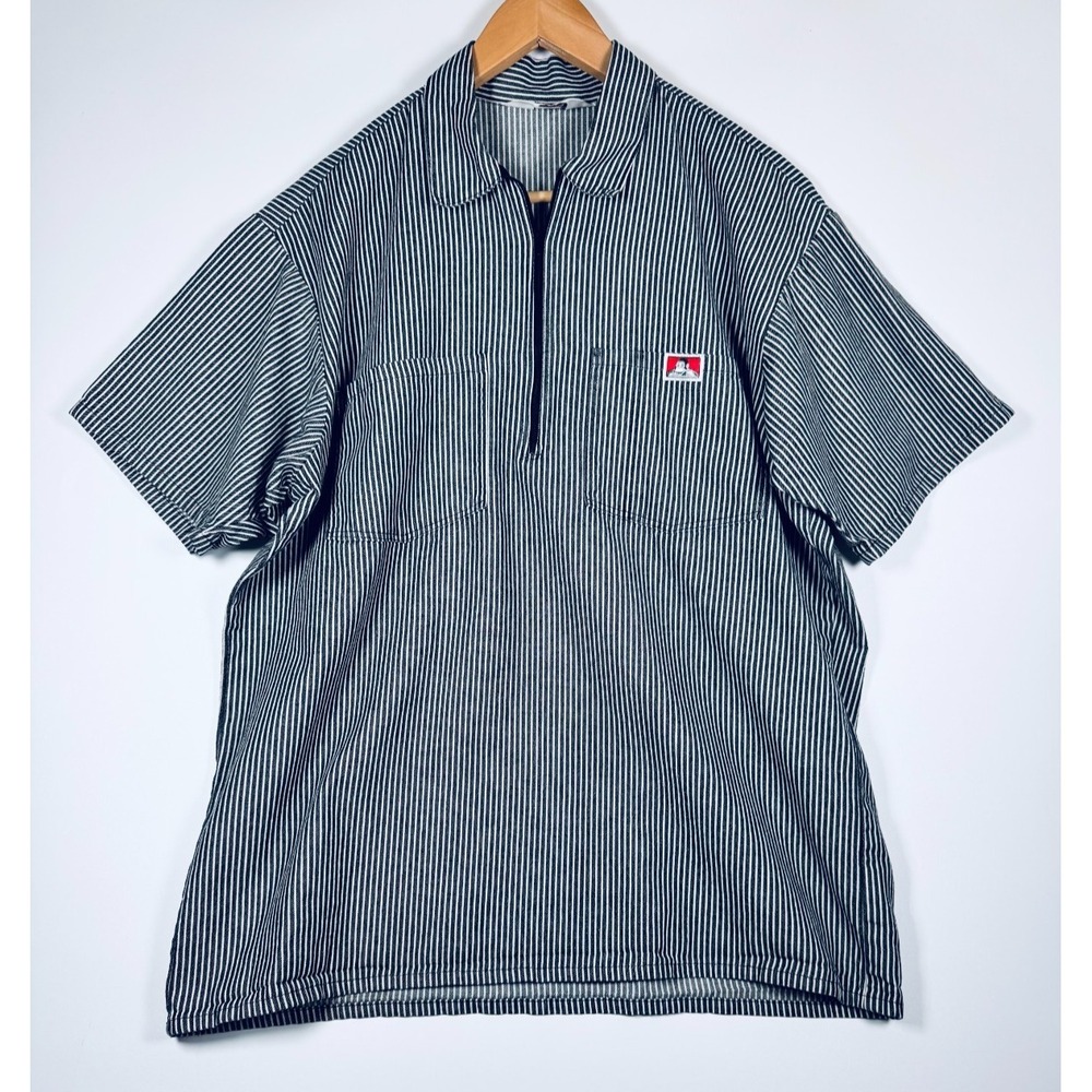 Ben Davis Half Zip Work Shirt Mens Large Black White Hickory Stripe Made in USA